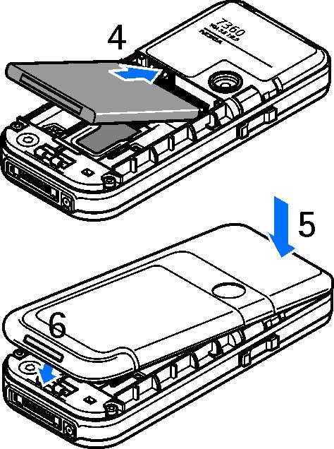 Sätt i batteriet (4). Se upp med batteriets kontakter. Använd alltid Nokias originalbatterier. Se Riktlinjer för äkthetskontroll av Nokia-batterier på sidan 118.