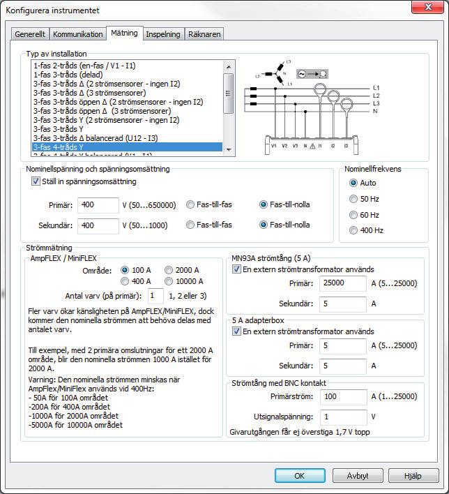 4.3.3. FLIKE MÄTIG Fliken Mätning innehåller följande optioner: Bild 5 Typ av elnät: Val av elinstallation som PEL skall mäta på. Se 3.4 för tillgängliga eldistributionssystem med PEL.