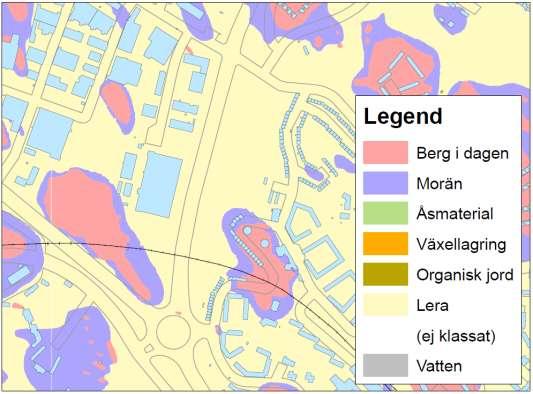 SID 5 (7) Figur 1. Utdrag ur Stockholms byggnadsgeologiska karta Buller I planbestämmelserna anges att Bullerskydd i form av skärmar och vallar ska uppföras. Brandskyddsskärmar ska uppföras.