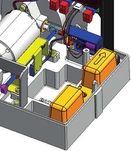 Grinden stoppar, i öppning eller stängning, när den polariserade magneten som sitter på kuggstångens övre del aktiverar sensorn. Montera de båda magneterna enligt vad som visas i figur 19.