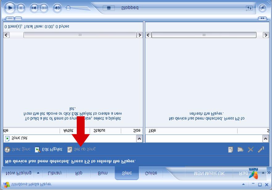 Impostazione della sincronizzazione automatica 1. Avviare Windows Media Player. 2. Collegare il lettore al computer utilizzando il cavo USB compreso nella fornitura.