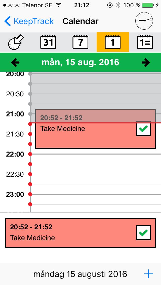 Under datumet visas den aktuella veckodagen som är färgkodad. I dagvyn finns en linje som visar aktuell tid, dvs. NU (se punkt 5.2.5). Passerad tid är mörkare.