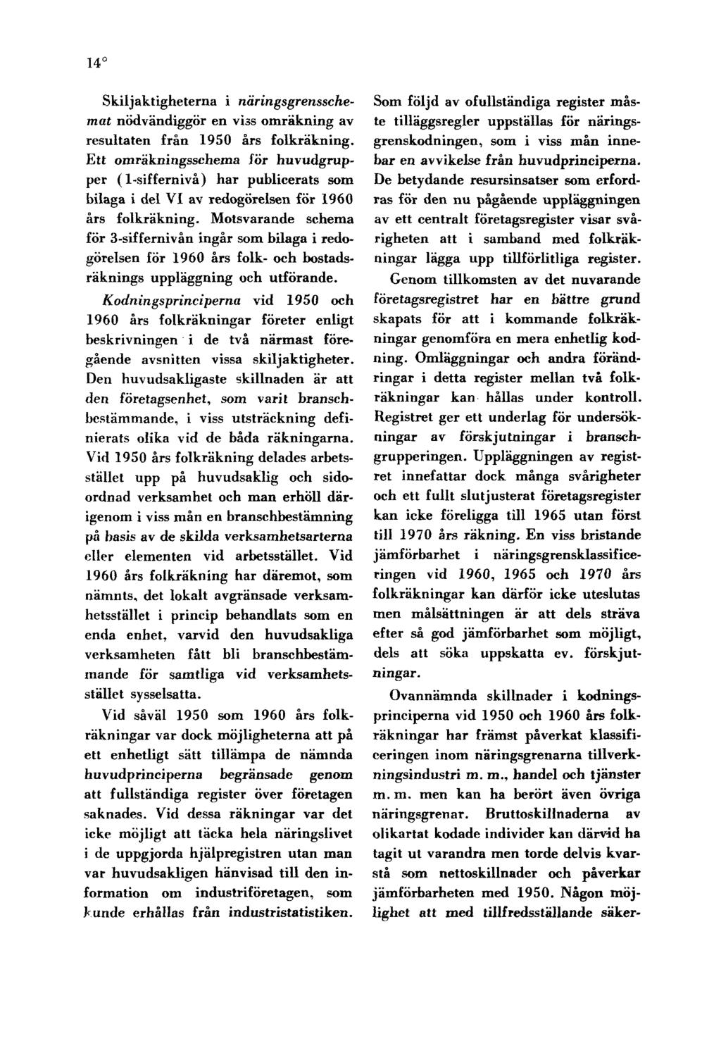 14 Skiljaktigheterna i näringsgrensschemat nödvändiggör en viss omräkning av resultaten från 1950 års folkräkning.