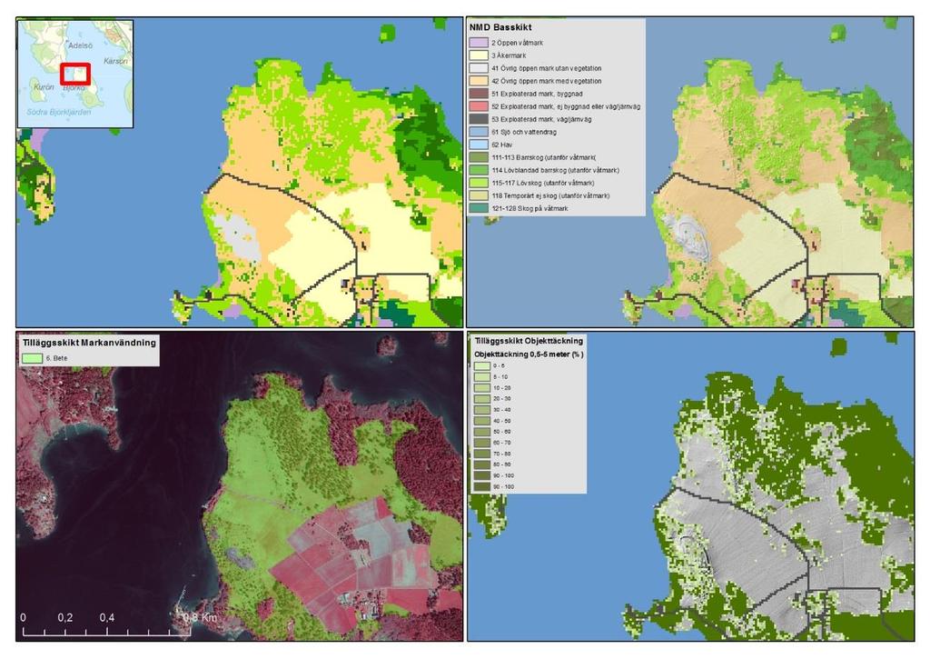 LANTMÄTERIET, GEODATASAMVERKAN Bilaga 1. Exempel kombination av NMD basskikt och tilläggsskikt I bildexemplen nedan visas hur baskarteringen kan kombineras med tilläggsskiktför att få ut mervärden.