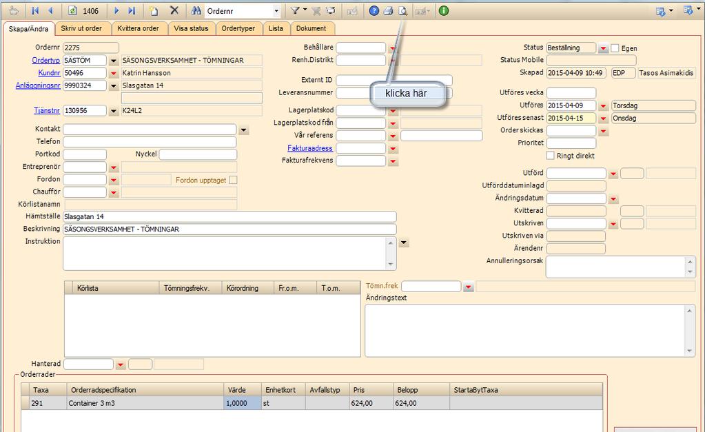 Öppna fliken Skriv ut order,