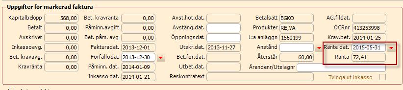 När man markerar en faktura i kundreskontran och väljer ett datum för