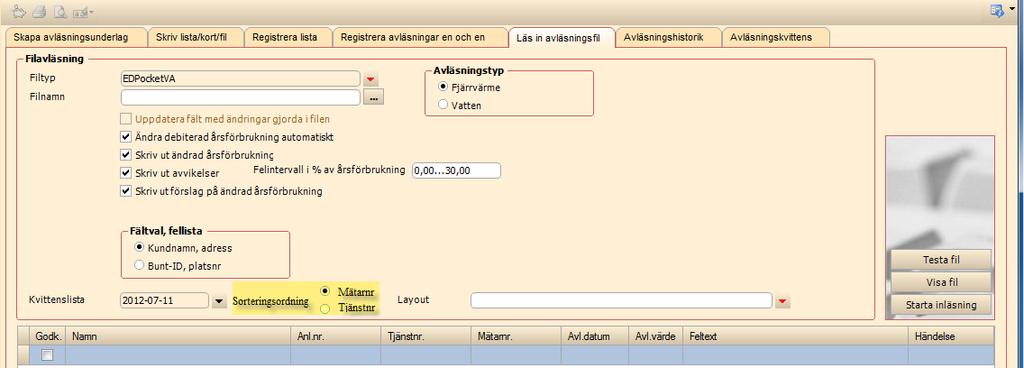 43111 ärende 64418 VA > Avläsning Skall visas på konferens Läs in avläsningsfil.