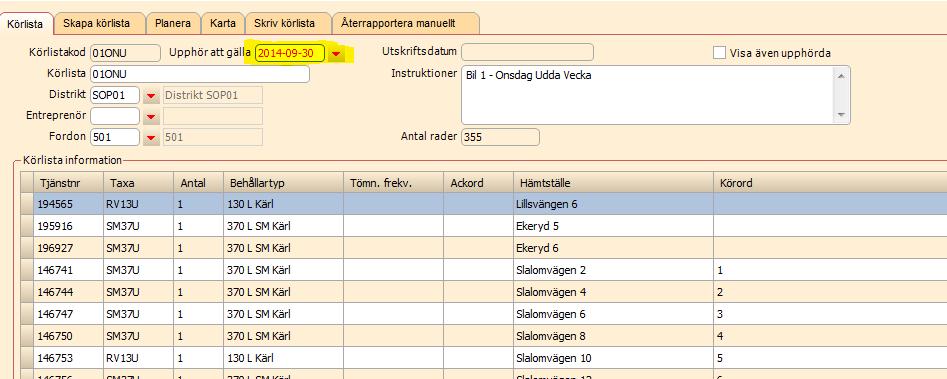 Scrum 39789 ärende 45229 Renhållning > Körlista Beskrivning: Körlistor som har upphört