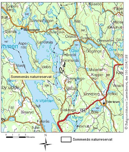 Kartan visar läget för et intill sjön Sommen i västra kanten av Kinda kommun.