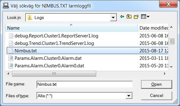 Välj den projektkatalog Nimbus Alarm Server ska importera larmhändelserna från. I exemplet är det C:\ProgramData\Schneider Electric\Vijeo Citect 7.