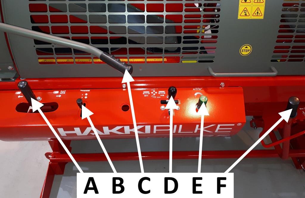 16 / 40 3. Användning av maskinen 3.1. Maskinens manöverdon och funktioner Bild 11 Namn på och funktioner för manöverdonen (Bild 11): A. Klyvcylinderns manöverspak.