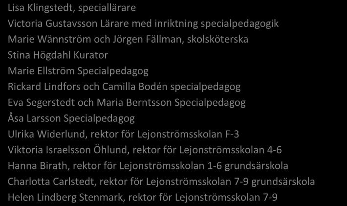 Widerlund, rektor för Lejonströmsskolan F-3 Viktoria Israelsson Öhlund, rektor för Lejonströmsskolan 4-6 Hanna Birath, rektor för Lejonströmsskolan 1-6 grundsärskola Charlotta Carlstedt, rektor för