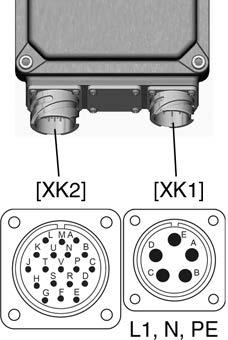 Elanslutning 5.3. Anslutning med bajonettstickproppar Bild 10: Anslutningarnas placering [XK1] Kraftplintar (nätledningar) [XK2] Manöverplintar Kabelarea för Cannon-stickproppar: Kraftplintar: max.