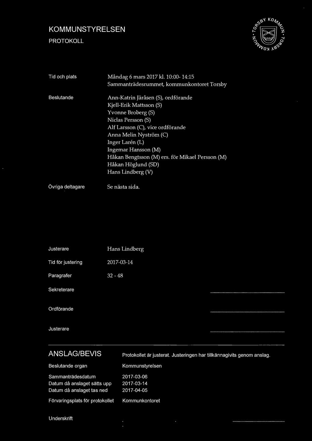 KOMMUNSTYRELSEN PROTOKOLL Tid och plats Beslutande övriga deltagare Måndag 6 mars 2017 kl.
