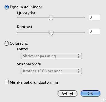 Skanna Justera bilden 9 Ljusstyrka Justera bilden med hjälp av det här alternativet (-50 till 50). Grundvärdet är 0 (en mellaninställning) och är vanligen lämplig för de flesta bilderna.