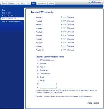 Nätverksskanning (för nätverksanvändare) Välj Scan to FTP/Network (Skanna till FTP/nätverk) i webbaserad hantering I Create a User Defined File Name (Skapa ett användardefinierat filnamn), skriv in