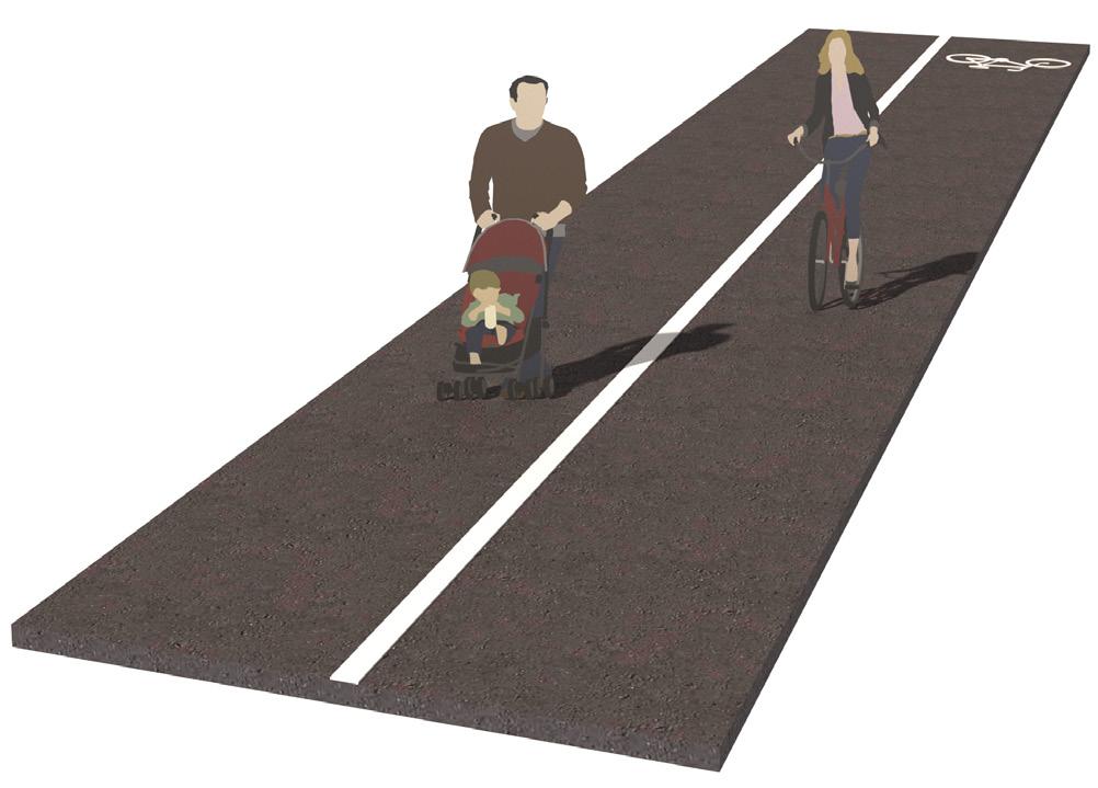 Beläggningen på gångbanan ska vara tillgänglig och användbar för personer med rörelsenedsättning och cykelbanan ska förses med asfalt.