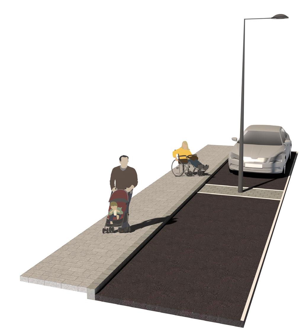längdmått på 7,0 m är att rekommendera så att en person i rullstol kan ta sig till gångbanan bakom bilen. En kantstenssänkning ska anordnas mellan parkeringsplats och gångbana.