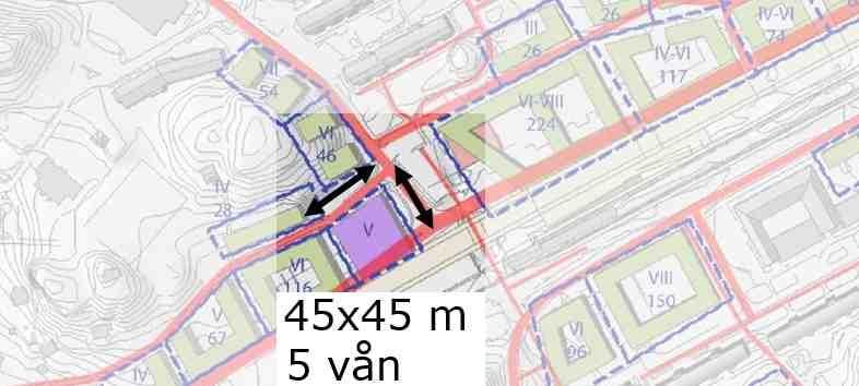 9.4 Bilaga 4. Kalkyl parkeringshus Figur. Exempel på parkeringshus. Parkeringshuset i figuren ovan är ca 45x45 m i 5 våningar vilket ger totalt 10 125 m 2 BTA.