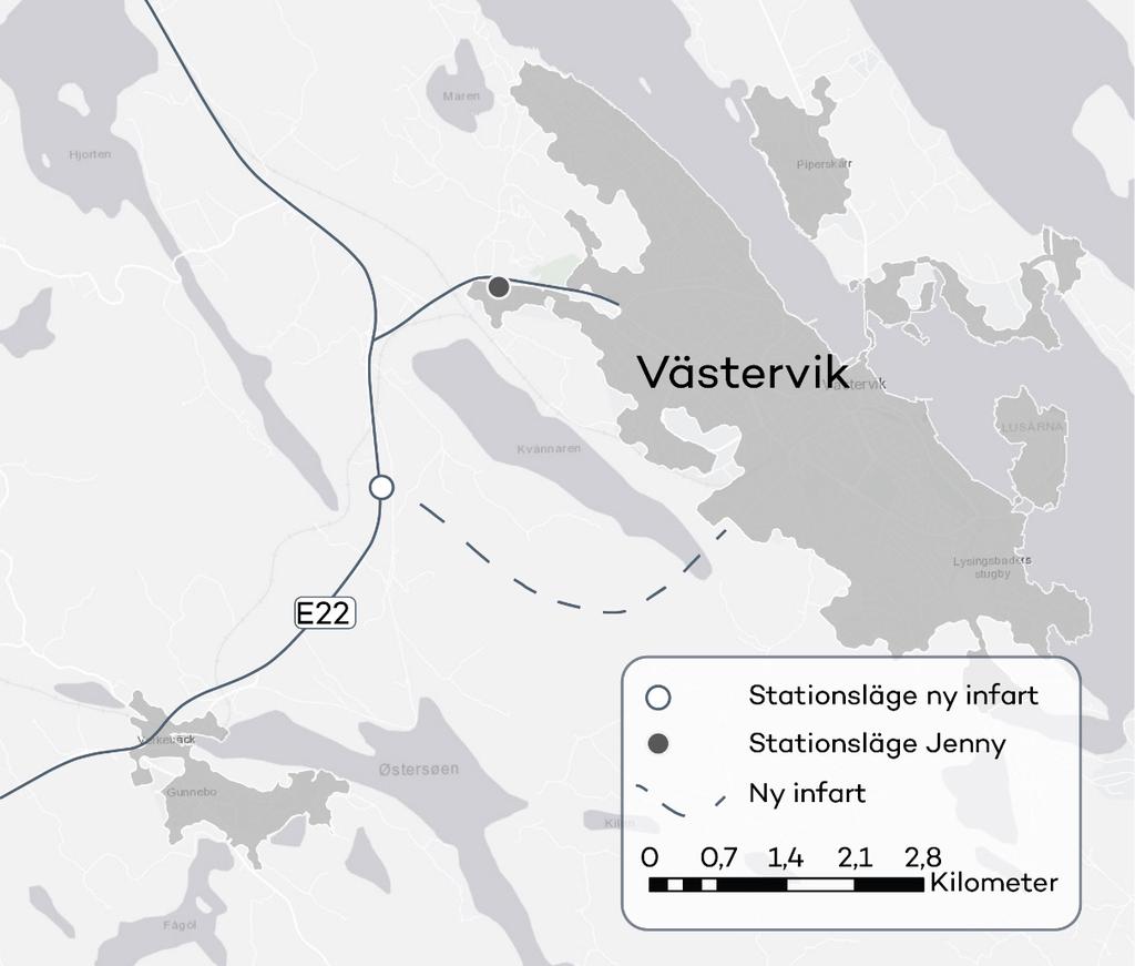 Figur 2 Möjliga placeringar av BRT-station Tidigare utredningar Förprojektering har gjorts för den nya infarten från E22, och i samband med detta har ett utformningsförslag för ny station tagits fram.