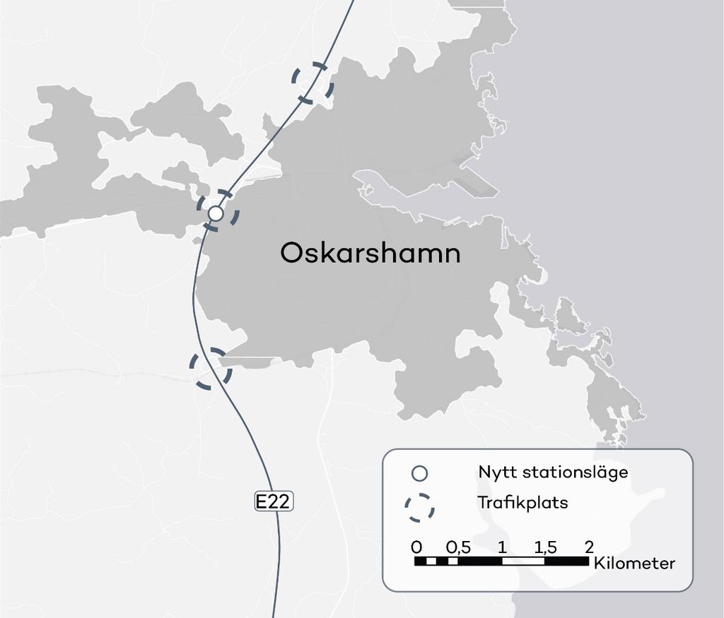 2.3 Oskarshamn Oskarshamn har i dagsläget tre trafikplatser längs E22. Trafikplats södra och Trafikplats centrum planeras att byggas om för att förbättra trafikflödet.