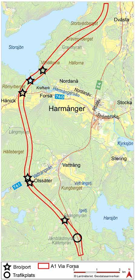 5.5 Studerade alternativ i samrådshandlingen Utredningsområdet har delats in i fyra delområden från Kongberget i söder till Gnarp i norr (A-D). Se figur 5.4:1.