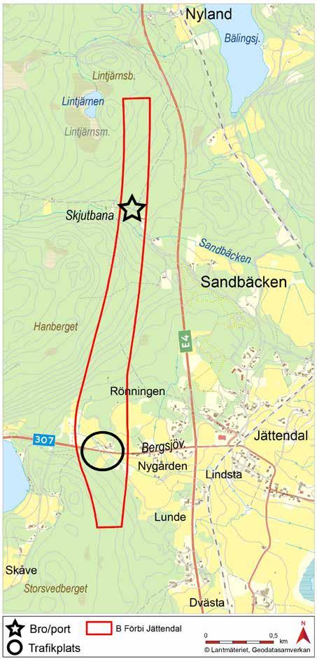 5.5.7 Korridor B Vägen går på skrå på Storsvedbergets östra sida ned mot Bergsjövägen (Väg 307) och dalgången i höjd med Jättendal, se figur 5.5:8.
