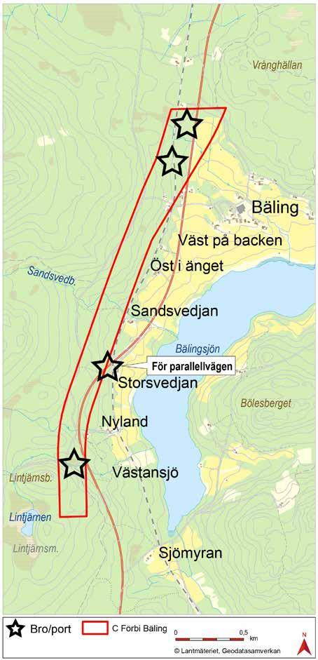 En kraftigare skärning av vägens profil sker i dess krön. I dalgången mellan Hanberget och Lintjänsberget passeras Sandbäcken och en skogsbruksväg med en vägport.