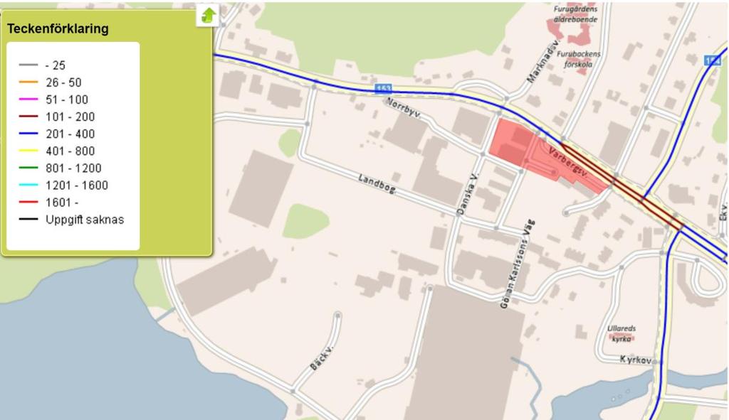 Figur 8. Utdrag från NVDB (Trafikverket, 2018). Tung trafik (ÅDT) förbi aktuellt område är inom spannet 101-400 fordon per dygn i vardera riktningen. Markerat är planområdet.