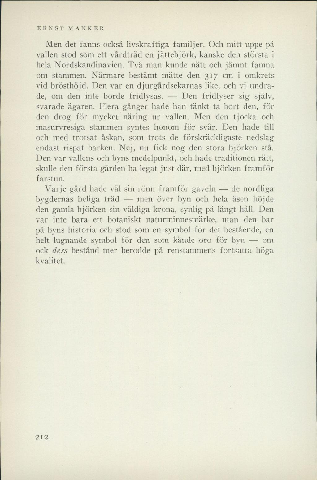 ERNST MANNER Men det fanns också livskraftiga familjer. Och mitt uppe på vallen stod som ett vårdträd en jättebjörk, kanske den största i hela Nordskandinavien.