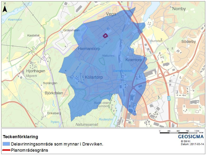 2.5 Miljökrav på recipienten för dagvatten Planområdet ligger inom ett delavrinningsområde som avvattnas i Drevviken, vilken i sin tur har sitt utlopp i Östersjön, se Figur 2-1.