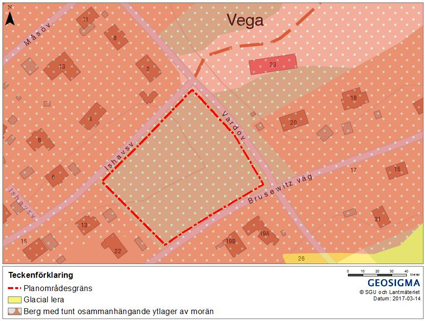 Enligt jordartskartan från SGU består jordlagren inom planområdet av urberg med tunt eller osammanhängande ytlager av morän, se Figur 3-4.