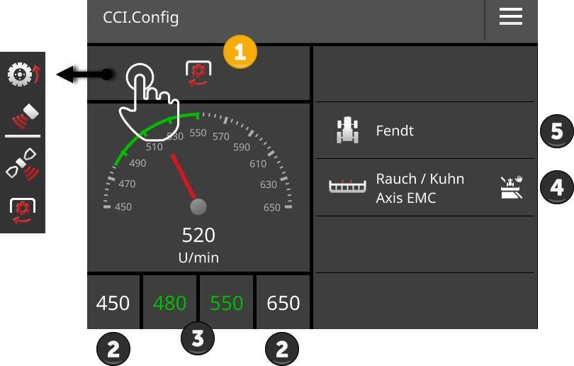 Maskininställningar 6.6 Hastighetsmätare Ställ in hastighetsmätare i CCI.Config: Till höger bredvid hastighetsmätaren visas den traktor som du har valt, den maskin du har valt och CCI.