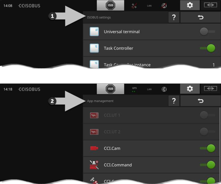 Inställningar ISOBUS-inställningar Terminalen har följande funktioner tillgängliga på ISOBUS: Universal Terminal, AUX-N, Task Controller, TECU, File Server.