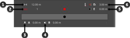 Maskininställningar Informationsområdet Maskin visar följande inställningar: 1. Arbetsbredd 2. Antal delbredder 3. Avstånd A 4. Avstånd B 5.