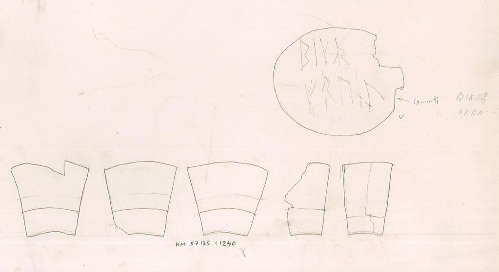 Till tolkningen av runorna på ett dryckeskärl från Lund 145 Fig. 3. Maria Cinthios kalkering av träkärlet från kv. S:t Botulf 12 Ö. Efter original i Kulturens samlingar, Lund.