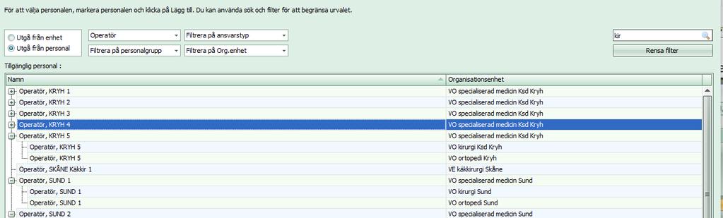 I exemplet har filtrering gjort på personalkategorioperatör och i fritextrutan skrevs kir.
