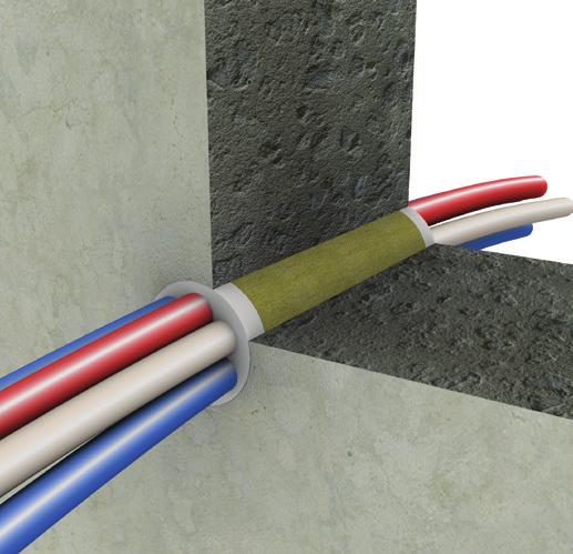 EI 0 till Genomföringar av ledningar och kablar med PROMASEAL -AG Teknisk förklaring PROMASEAL -AG intumescent brandskyddande akrylatkit Massiv vägg eller lätt mellanvägg Obrännbara ledningar