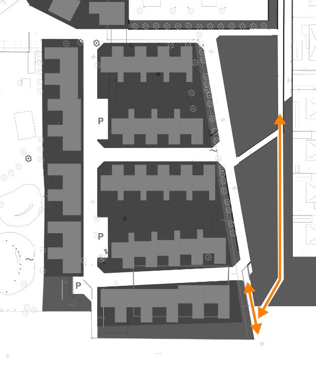 I de östra delarna av det nya bostadsområdet ansluter befintliga cykelstråk såväl norrut som söderut.