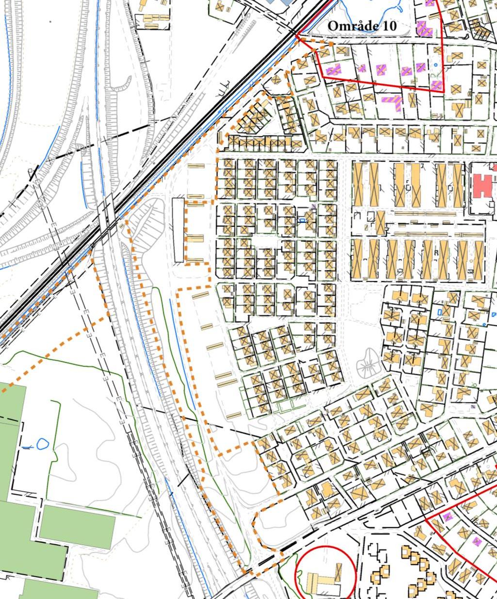 Bevarandevärda områden är inringade i rött och hus med skyddsvärde är markerade i lila. Planområdet inom orange streckad linje.