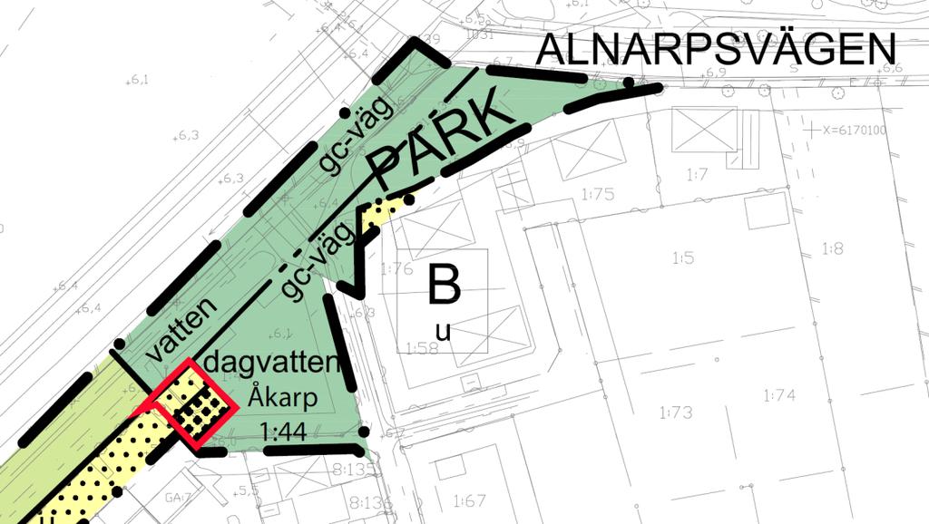 och tar initiativ till försäljning av marken till fastighetsägarna. Fastighetsägarna som får möjlighet att utöka sina tomter ansöker om och bekostar lantmäteriförrättning. Utsnitt från detaljplanen.