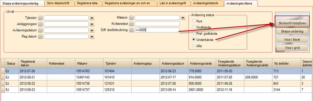 Figur 1 Kvittenslista på avläsningar med urval