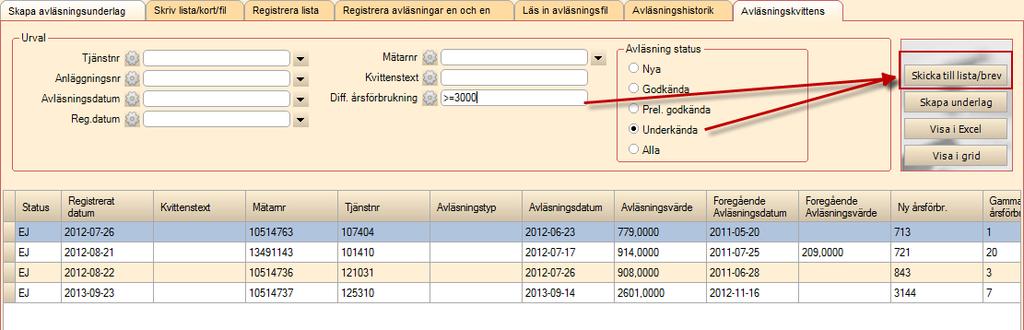 Figur 1 Kvittenslista på avläsningar med urval