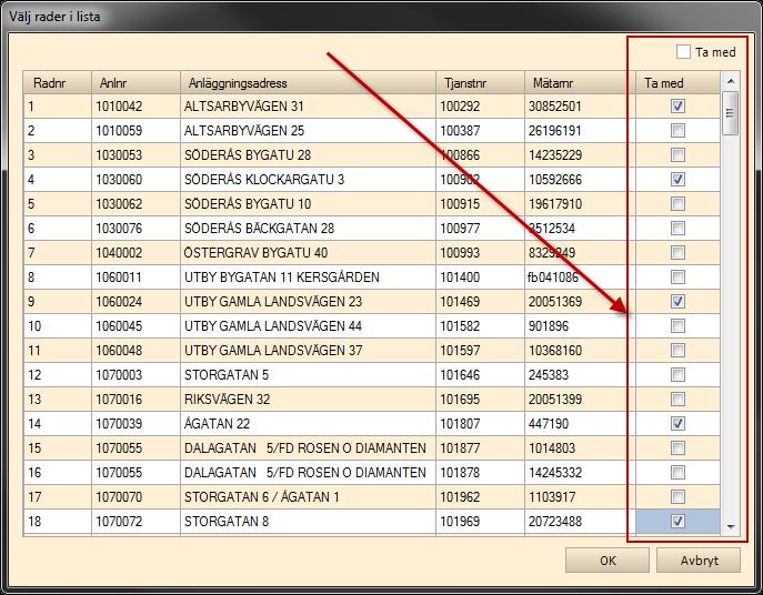 Detta kan nu enklare göras genom knappen Välj rader i lista vilken öppnar en lista