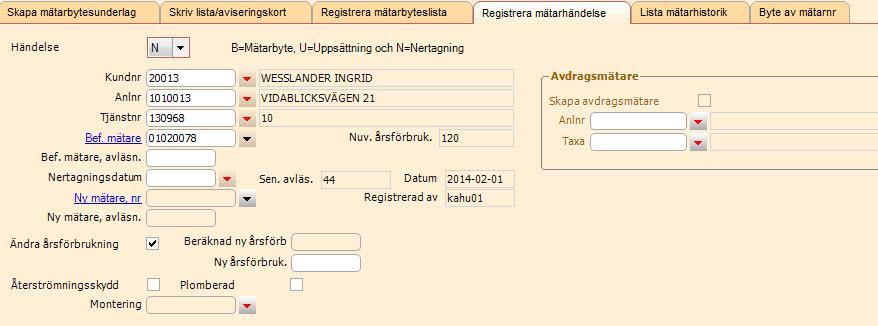 mätarnummer ifyllt och B är förvalt.