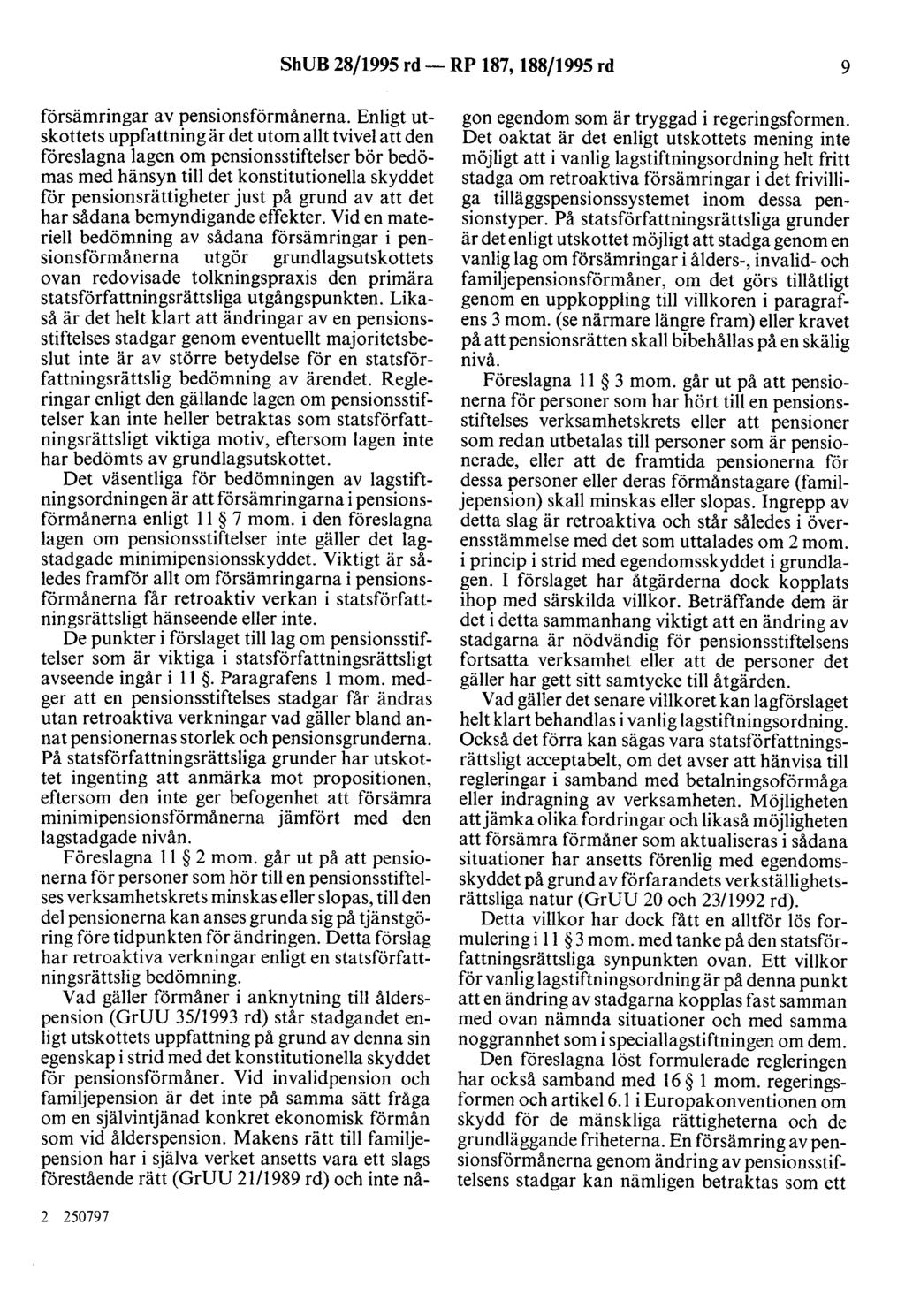 ShUB 28/1995 rd- RP 187, 188/1995 rd 9 försämringar av pensionsförmånerna.