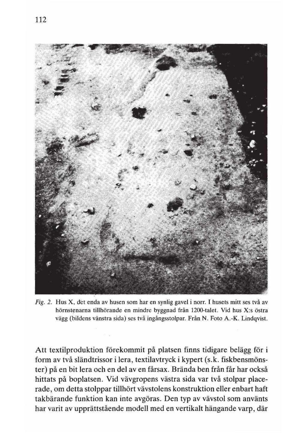 112 Fig. 2. Hus X, det enda av husen som har en synlig gavel i norr. I husets mitt ses två av hörnstenarna tillhörande en mindre byggnad från 1200-talet.
