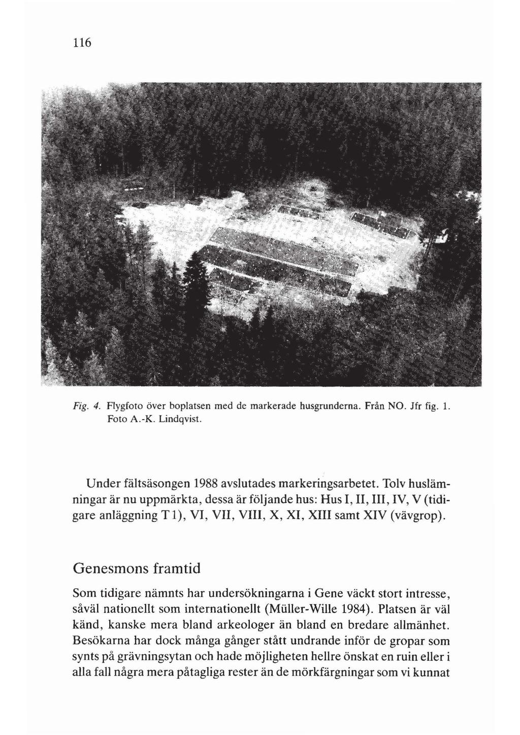 116 Fig. 4. Flygfoto över boplatsen med de markerade husgrunderna. Från NO. Jfr fig. J. Foto A.-K. Lindqvist. Under fältsäsongen 1988 avslutades markeringsarbetet.
