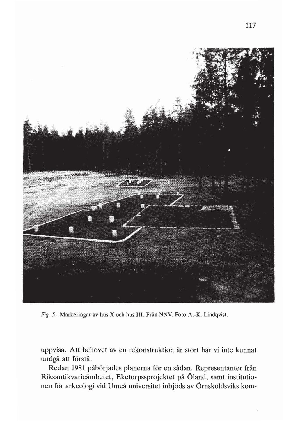 117 Fig. 5. Markeringar av hus X och hus III. Från NNY. Foto A.-K. Lindqvist. uppvisa. Att behovet aven rekonstruktion är stort har vi inte kunnat undgå att förstå.