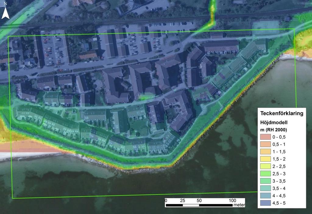 Figur 2-12 Höjdmodell för delsträcka C. Delsträcka D Väster om marinan Mellan gjuteriområdet och marinan ligger en kort sträcka med sandstrand (Figur 2-13).